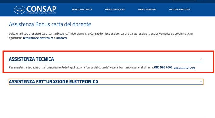 Numero assistenza tecnica Carta del Docente 080 926 7603 sul sito Consap