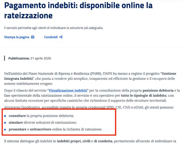 Rateizzazione online degli indebiti INPS disponibile