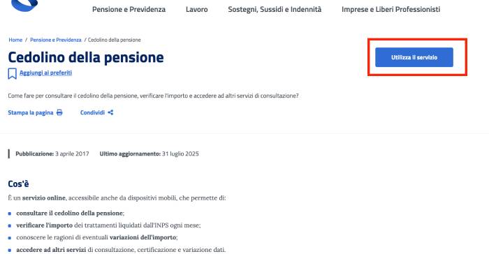 Servizio Cedolino della pensione sul sito INPS