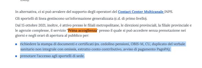 Stampa del cedolino pensione presso la Prima accoglienza INPS