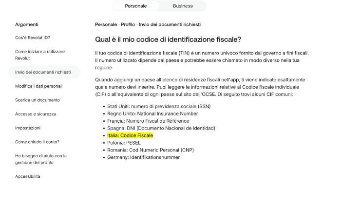 Revolut indica il Codice Fiscale come identificativo fiscale per l'Italia