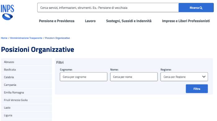 Ricerca delle Posizioni Organizzative INPS per nome, cognome e Regione
