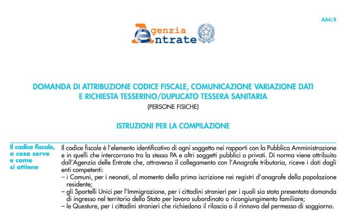 Modello AA4/8 per comunicare la variazione dei dati del codice fiscale