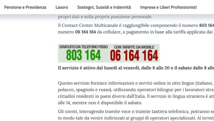 Numero INPS 06 164 164 da cellulare e 803 164 da telefono fisso