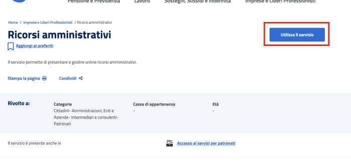 Servizio Ricorsi amministrativi sul sito INPS