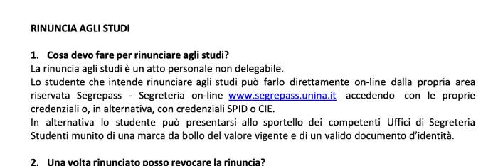 Procedura online per la rinuncia agli studi tramite Segrepass Federico II