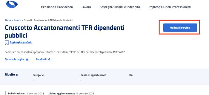 Cruscotto Accantonamenti TFR dipendenti pubblici sul sito INPS
