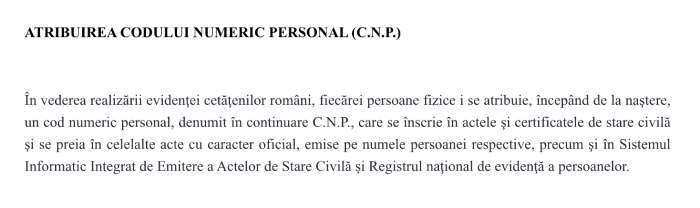Cod Numeric Personal CNP nella documentazione ufficiale rumena